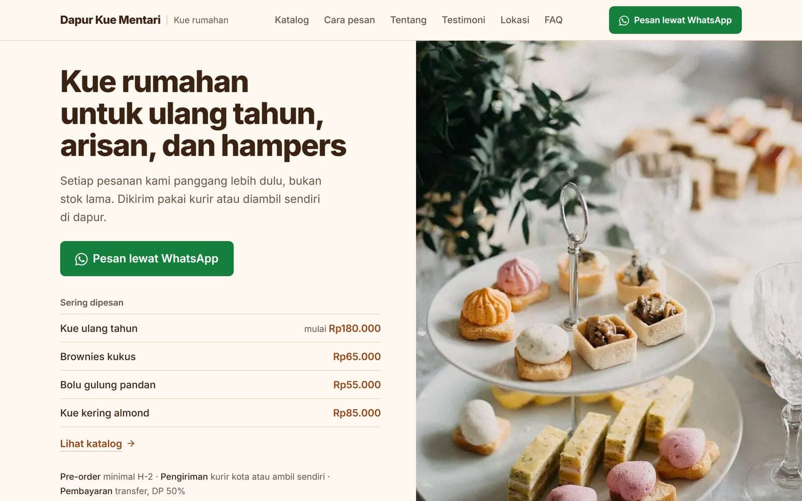 Halaman utama contoh website toko kue Dapur Kue Mentari